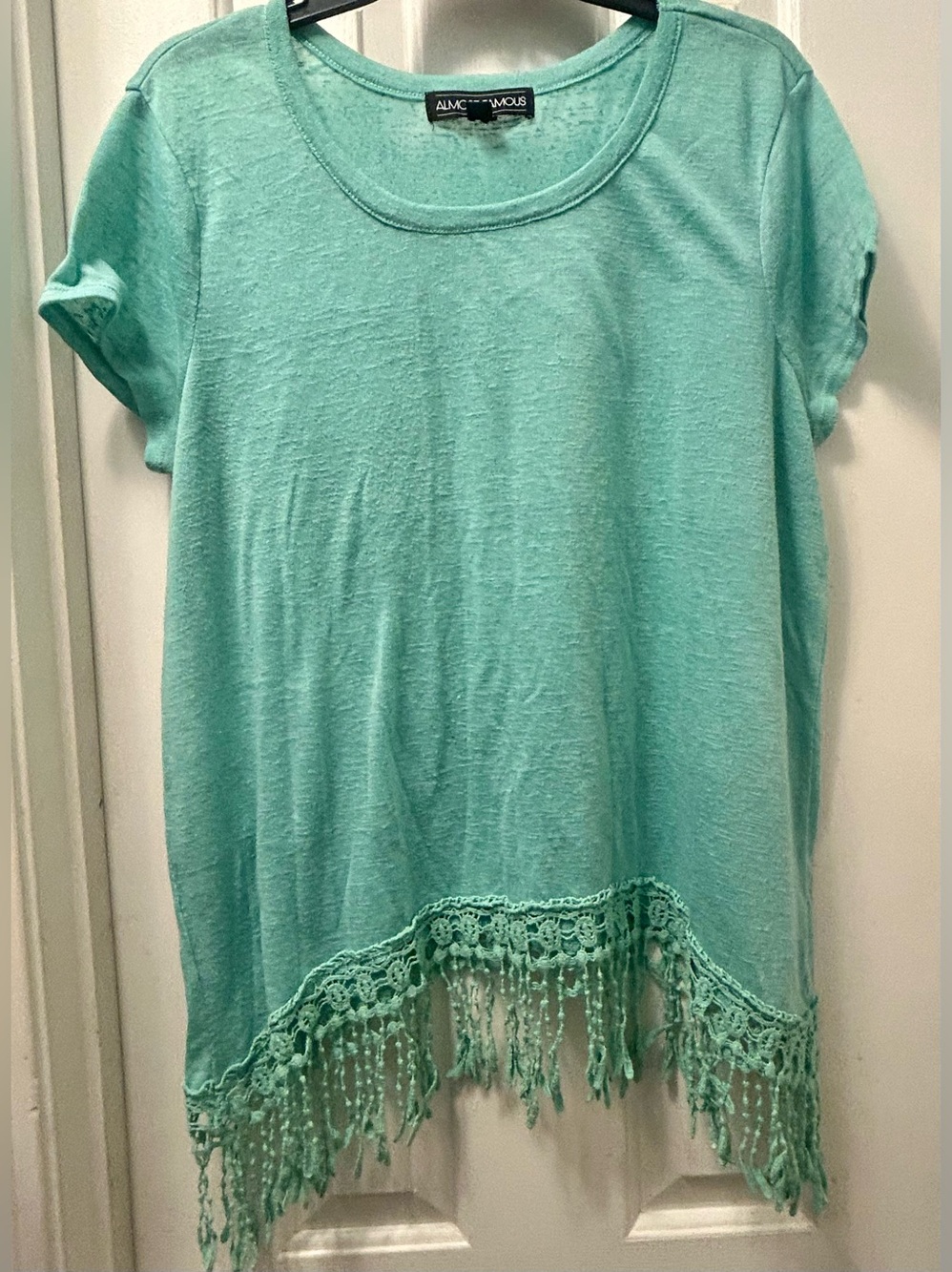 Almost Famous boho Mint Green Fringe-Hem Short Sleeve Tee